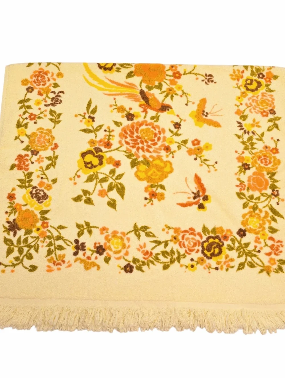 Vintage Stevens Utica 70s Bath Towel Yellow Floral Bird Fringe Retro Cotton